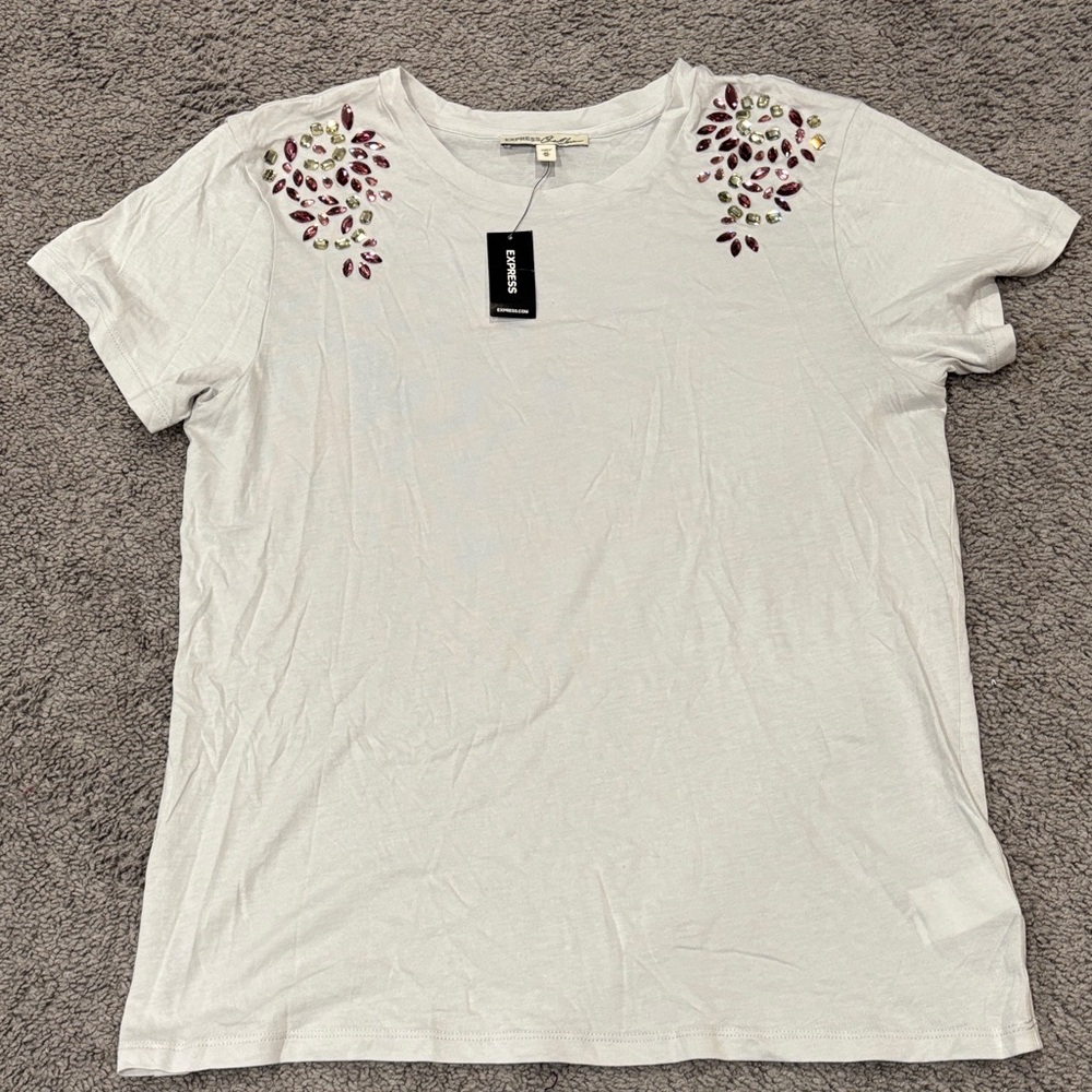 Express White Tee with Floral Embroidery